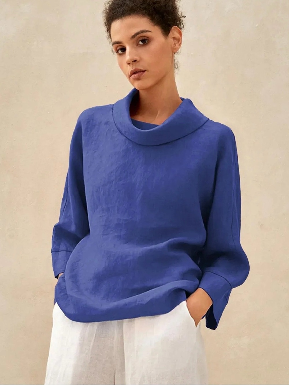 100% Linen Women's Cowl Neck Woven Top in Royal Blue